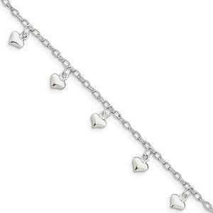 Sterling Silver Dangling Hearts Anklet, 9-10 Inch